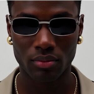 Men Migos-style square sunglasses silver-toned metal frame dark gray lenses New